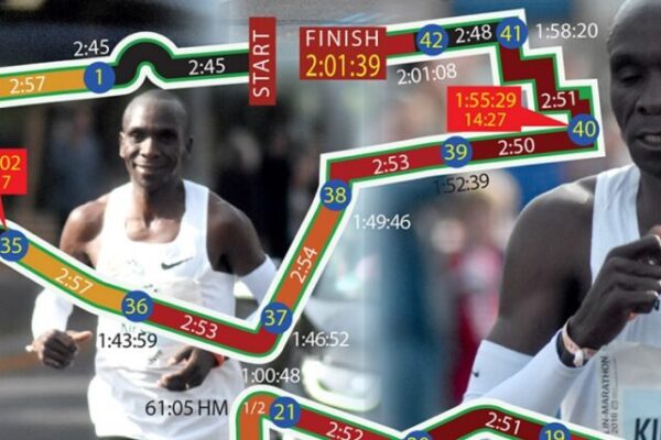 Wereldrecord Kipchoge van kilometer tot kilometer